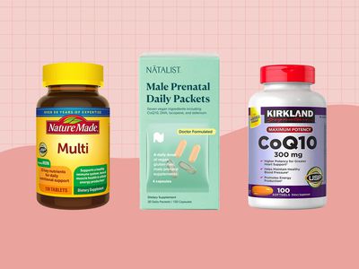 Collage of supplements we recommend to support fertility on a pink background