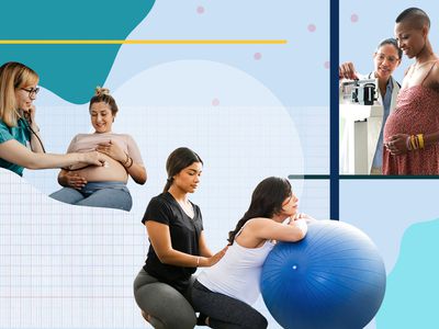 A healthcare provider uses a stethoscope on a pregnant woman's stomach, a woman touches the back of a pregnant woman, and a healthcare provider adjusts a scale with a pregnant woman looking (stock photos)