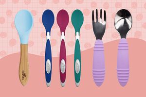 Collage of baby utensils we recommend on a pink background