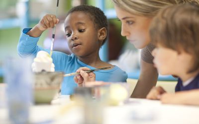 Teacher and children in art class
