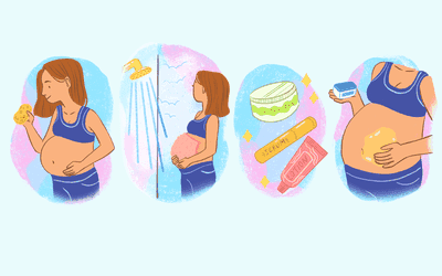 Illustration of woman taking care of her pregnant stomach in various ways