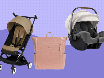 Bag, stroller, and car seat we recommend from the Nordstrom Anniversary Sale collaged against a purple background