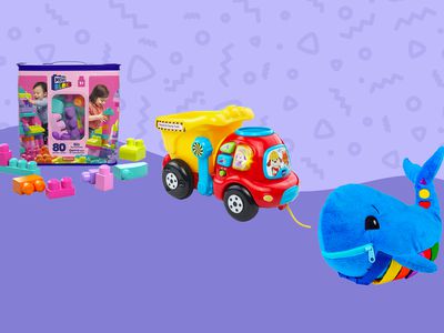 Best toys for 15-month-olds collaged against colorful purple background