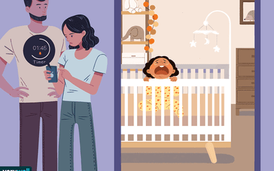 Child crying in their crib with parents outside