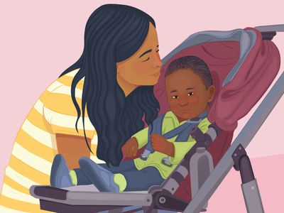 An illustration of a person smelling a baby in a stroller