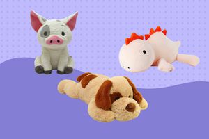 Collage of weighted stuffed animals we recommend on a purple background