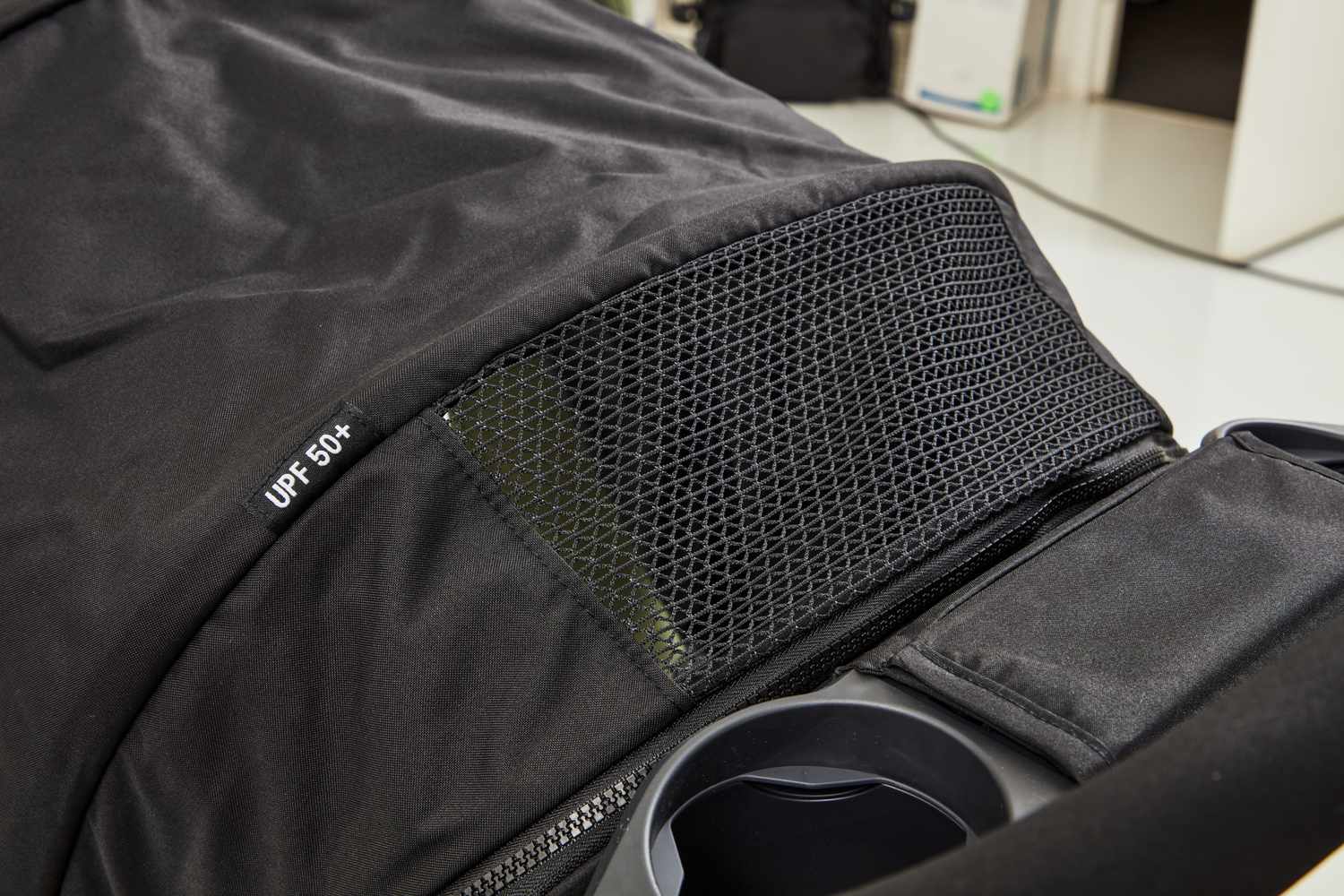 Close up of shield of Chicco Bravo Trio Travel System