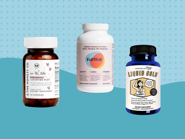 Collage of supplements for breastfeeding we recommend on a blue background