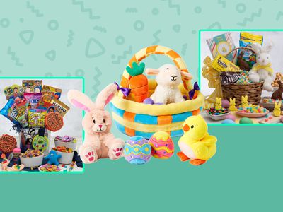 Assortment of pre-made Easter baskets we recommend for kids displayed on a two-tone green patterned background