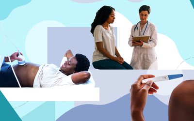 A person getting an ultrasound, a person with a pregnancy test, and a person with a healthcare provider