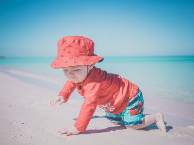 Baby Boy Crawling on Tropical Beach, Cayo Coco, Cuba