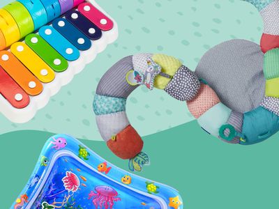 Collage of tummy time toys we recommend on a green background
