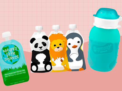 Collage of reusable baby food pouches we recommend on a pink background