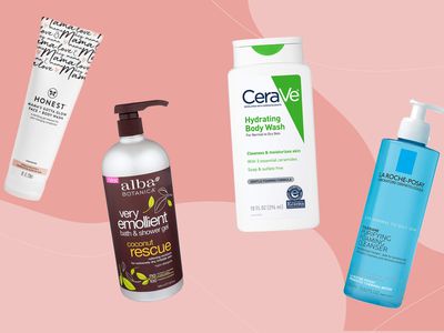 Collage of pregnancy safe body washes we recommend on a pink background