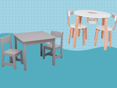 Best toddler tables and chairs collaged against blue patterned background