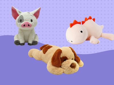 Collage of weighted stuffed animals we recommend on a purple background