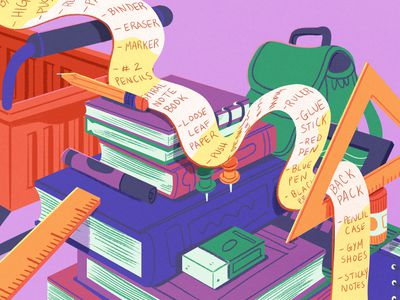 Illustration of a pile of school supplies and a very long list