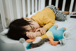 吮吸拇指的幼童睡在婴儿床旁的毛绒玩具