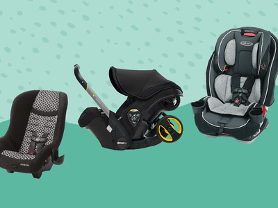Collage of travel car seats we recommend on a teal background