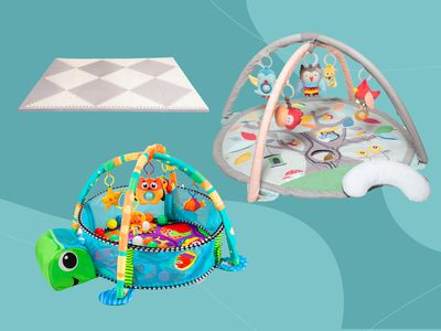 Best baby play mats and play gyms collaged against patterned blue background