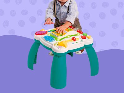 Collage of the LeapFrog Learn & Groove Musical Table on a purple background