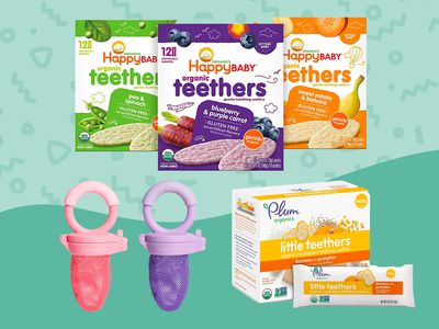 Collage of teething biscuits we recommend on a green background