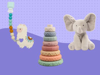 Best gifts for 2-month-olds collaged against colorful purple background