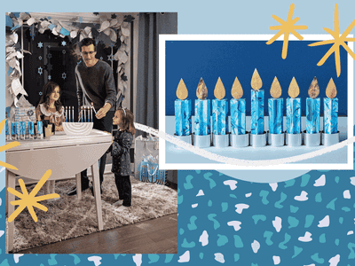 Photo illustration of family celebrating Hanukkah