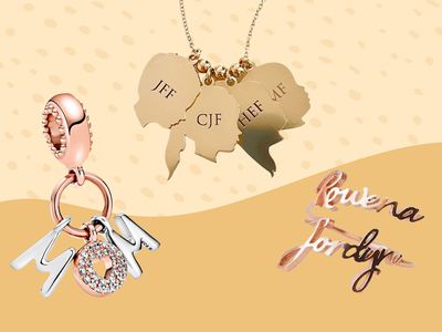 An assortment of jewelry we recommend for mothers set on a two-tone beige patterned background