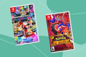 Nintendo Mario Kart 8 Deluxe and Nintendo Pokémon Scarlet displayed on a two-tone blue patterned background