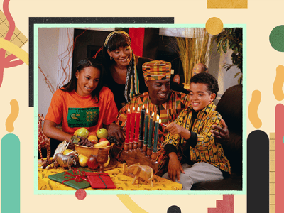 Photo illustration of a family celebrating kwanza