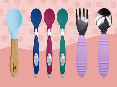 Collage of baby utensils we recommend on a pink background