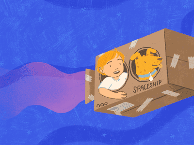 Child playing pretend spaceship in cardboard box