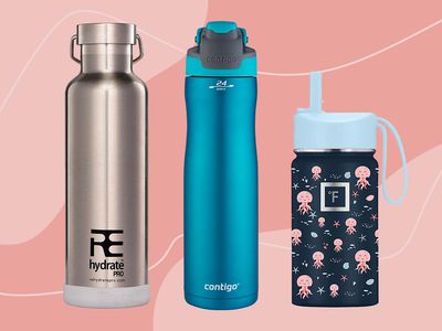 Three water bottles we recommend for kids displayed on a two-tone pink patterned background