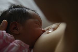 一位母亲在医院给刚出生的婴儿喂奶