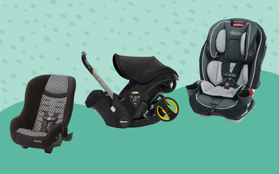 Collage of travel car seats we recommend on a teal background