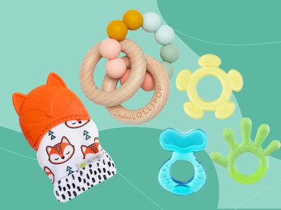 Collage of baby teethers we recommend on a green background
