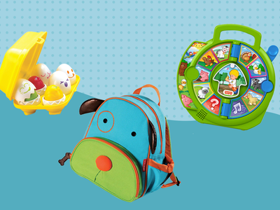 Collage of toddler gifts we recommend on a blue patterned background