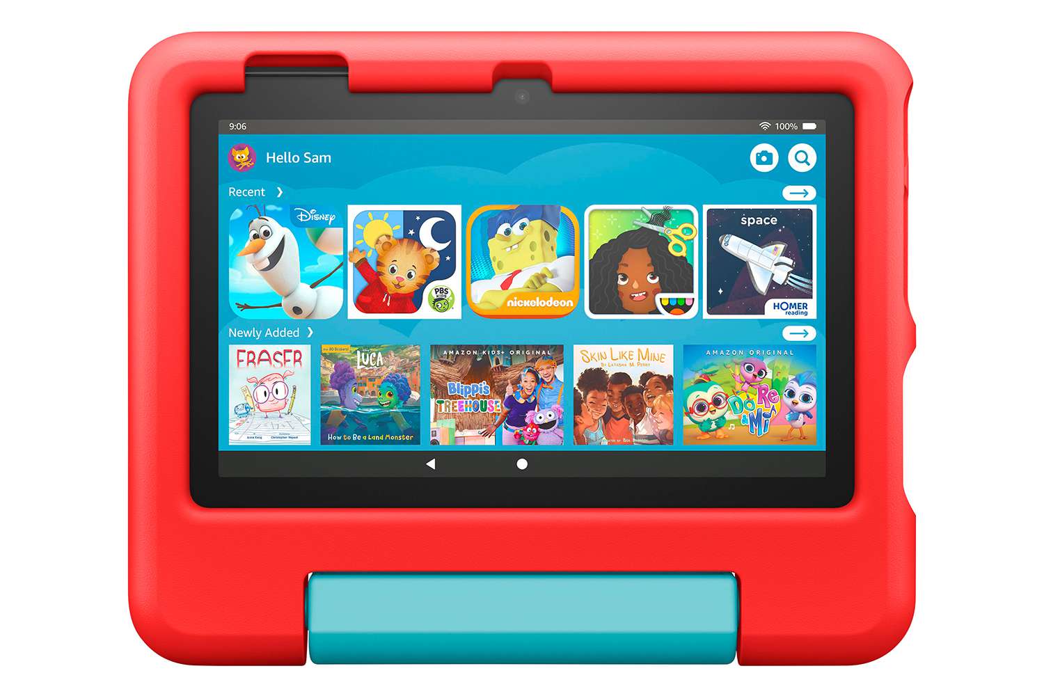 Amazon Fire HD 7 Kids Tablet turned on displayed in front of a white background