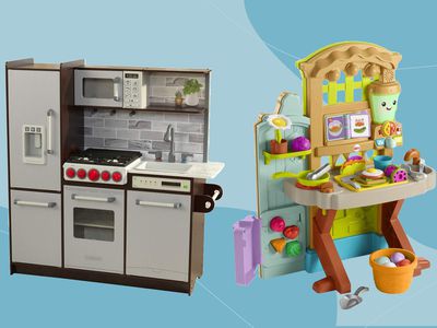 KidKraft Uptown Elite White Play Kitchen and Fisher-Price Laugh & Learn Grow-the-Fun Garden to Kitchen set on a blue background