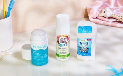 Kopari, Good for you and Toms deodorants lined up on counter