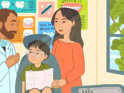 Illustration of a child in a dentist chair with two adults - Illustration by Madelyn Goodnight