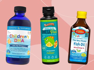 Best fish oil for kids collaged against pink patterned background