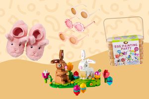 Collage of easter gifts we recommend for kids on a yellow background