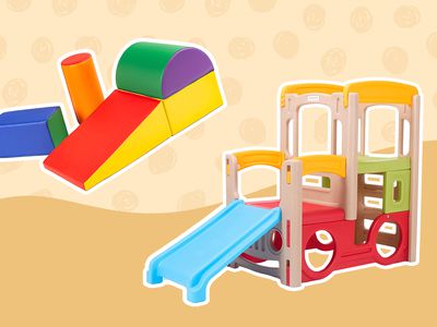 Collage of climbing toys we recommend for toddlers on a yellow background
