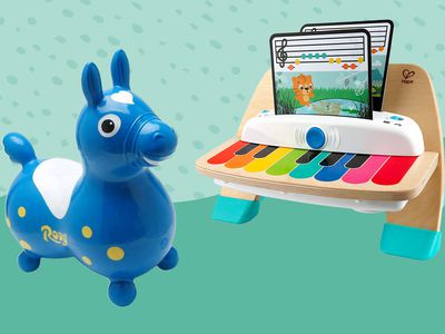 Fat Brain Toys Rody Horse and the Baby Einstein Magic Touch Piano collaged against a green patterned background