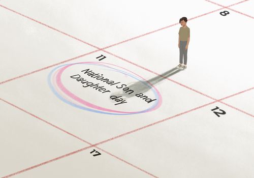 一个孩子站在日历上的插图，上面用粉色和蓝色圈出“全国儿女日”