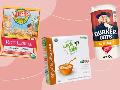 Best baby cereals collaged against pink patterned background
