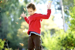 孩子把秋叶抛向空中