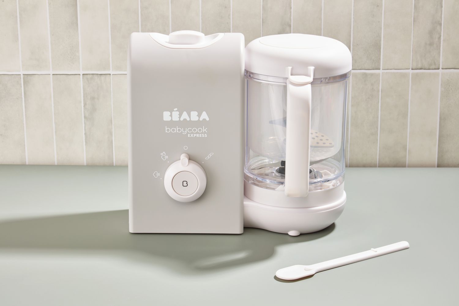 The BÃ©aba Babycook Express Baby Food Maker on a kitchen counter.